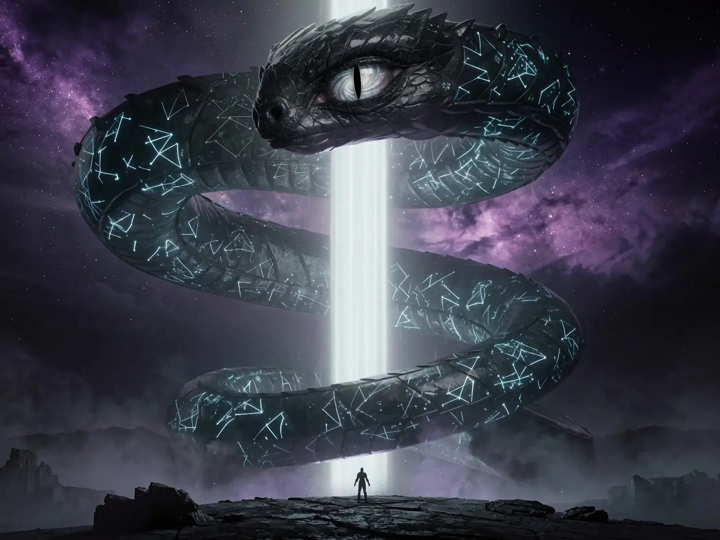 The serpent coiling around a pillar of light